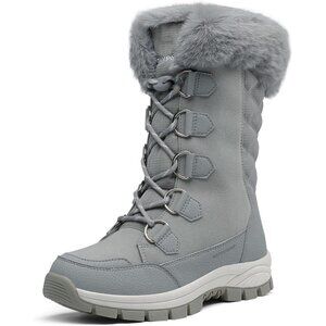 Women’s Grey Waterproof Winter Snow Boots Warm Faux Fur Non Slip Mid Calf